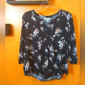 Croft & Barrow Black Floral Long Sleeve Top Size PL